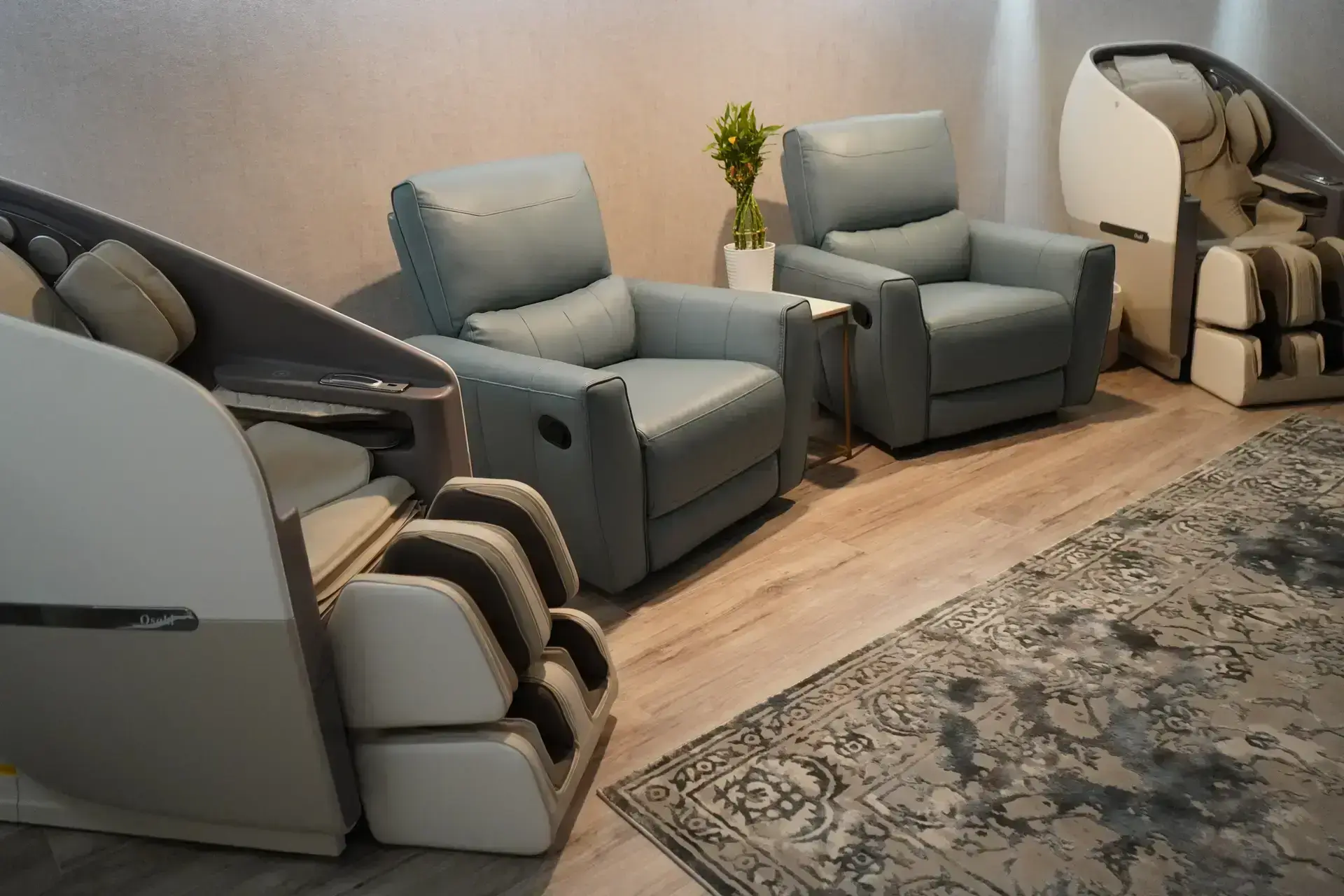 Recliners and a massage chair in the IV Lounge