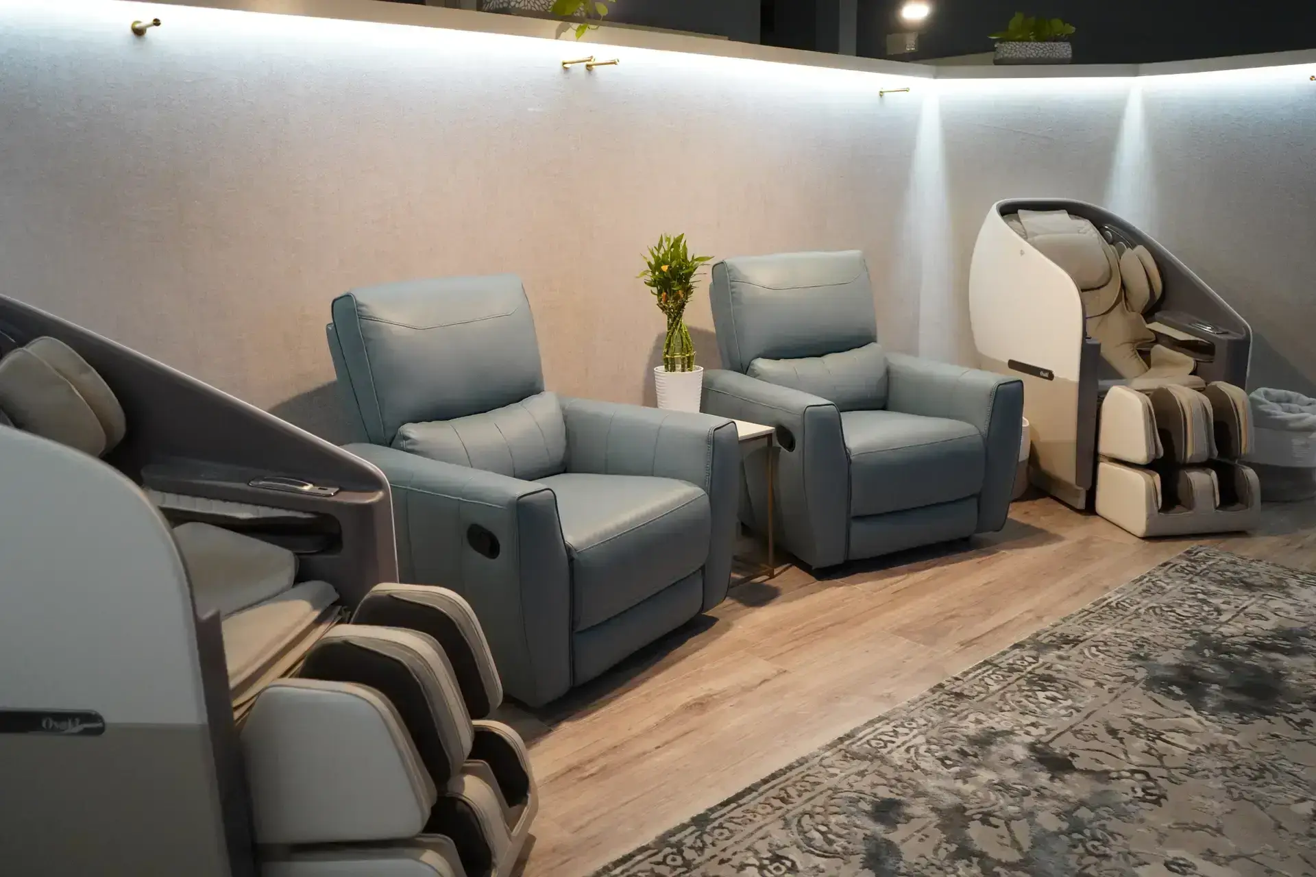 The EVO IV lounge with recliners and massage chairs