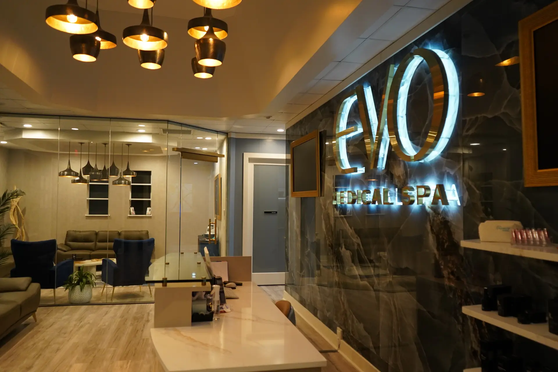 The lobby and the illuminated EVO sign